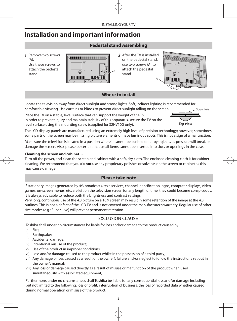 Installation and important information, Pedestal stand assembling, Where to install | Exclusion clause | Toshiba HV10 User Manual | Page 3 / 16