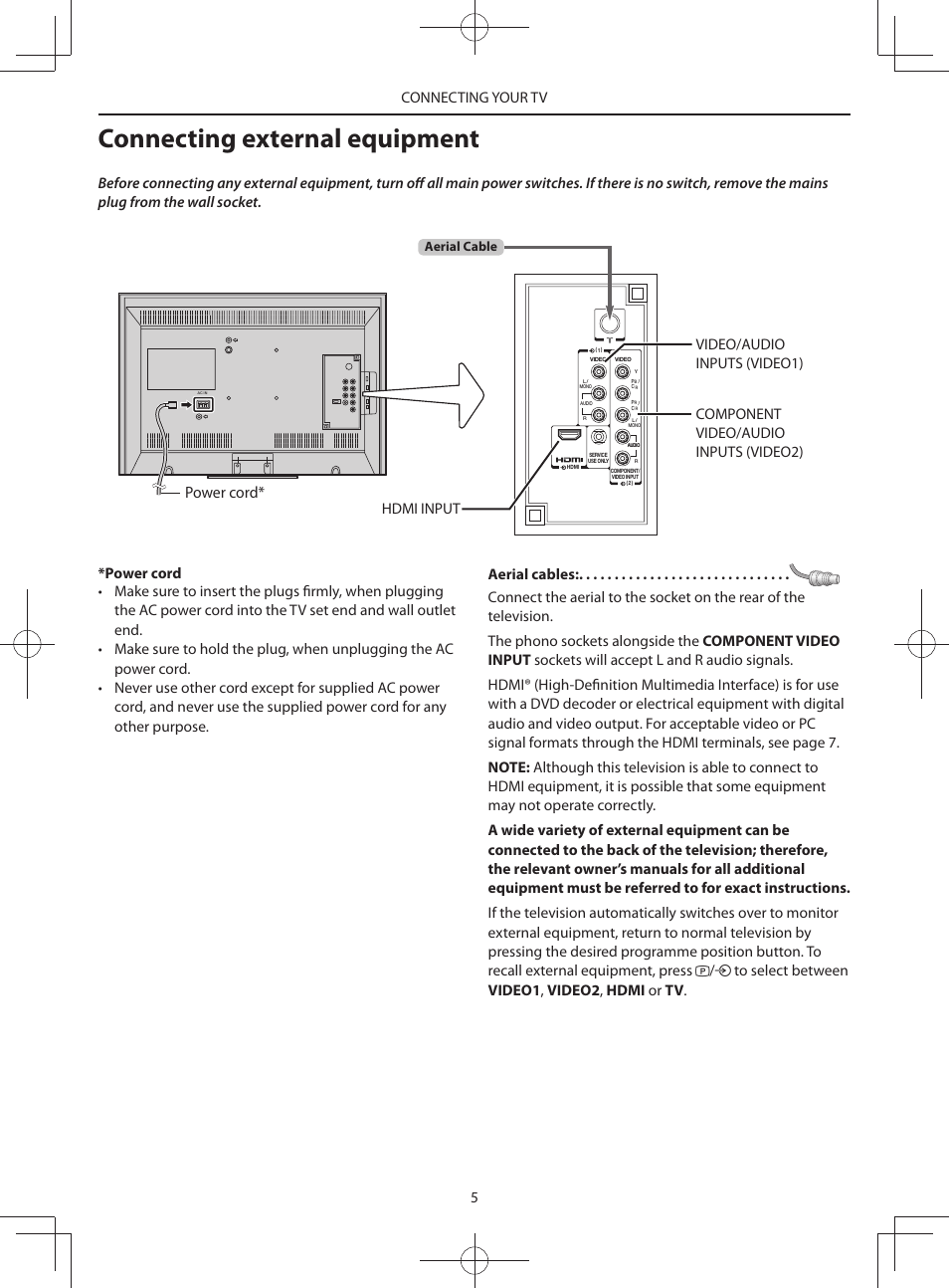 Connecting external equipment, Power cord | Toshiba HV10 User Manual | Page 5 / 16