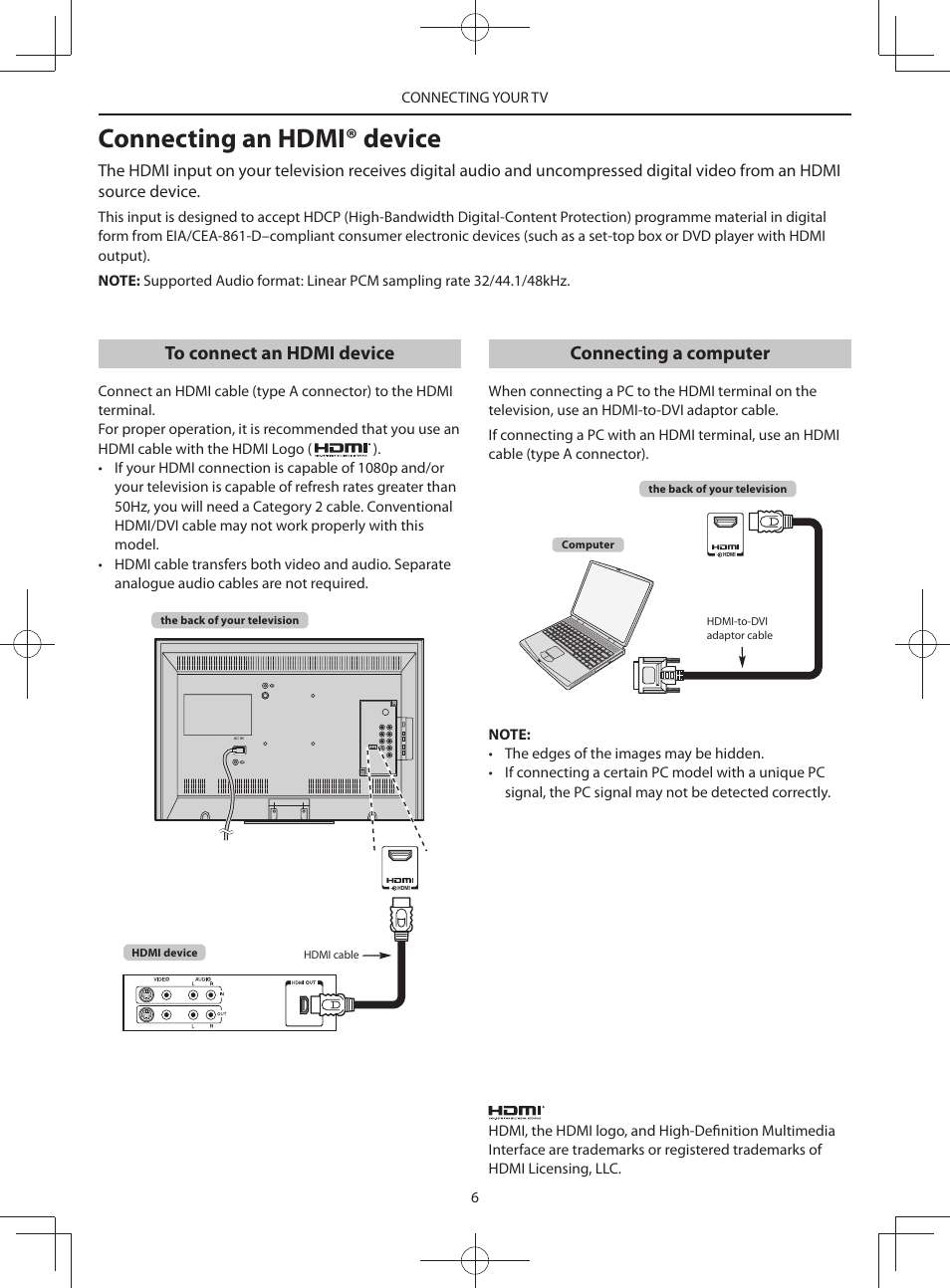 Connecting an hdmi® device, Connecting a computer | Toshiba HV10 User Manual | Page 6 / 16