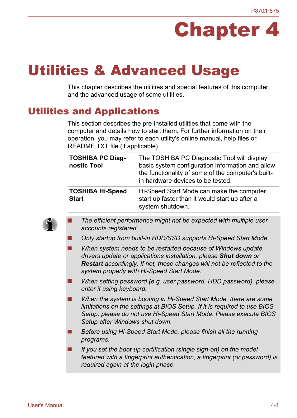 Chapter 4 utilities & advanced usage, Utilities and applications, Chapter 4 | Utilities & advanced usage, Utilities and applications -1 | Toshiba Satellite P875 User Manual | Page 100 / 167