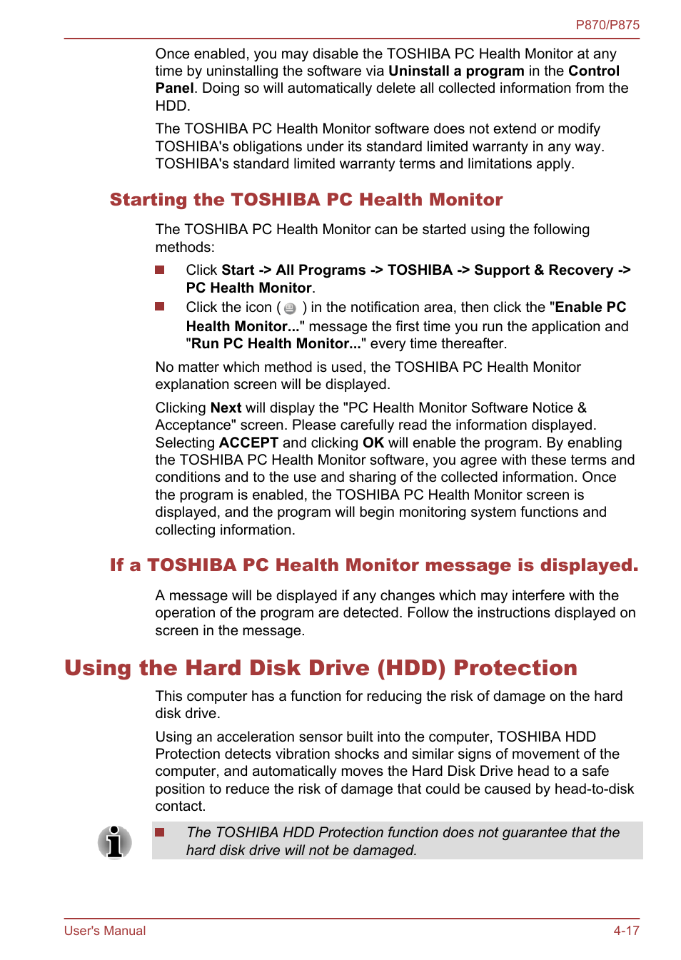 Starting the toshiba pc health monitor, Using the hard disk drive (hdd) protection, Using the hard disk drive (hdd) protection -17 | To-disk contact. refer to the, Using the hard disk, Drive (hdd) protection, Section for more details | Toshiba Satellite P875 User Manual | Page 116 / 167