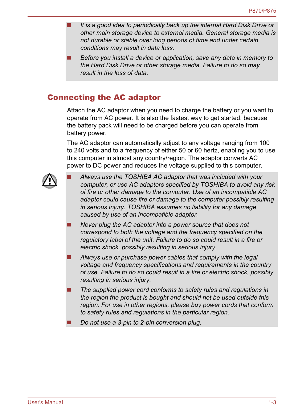 Connecting the ac adaptor | Toshiba Satellite P875 User Manual | Page 20 / 167