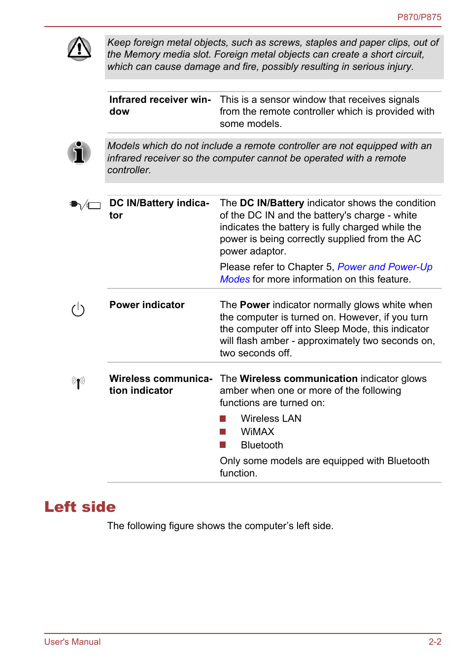 Left side, Left side -2 | Toshiba Satellite P875 User Manual | Page 29 / 167