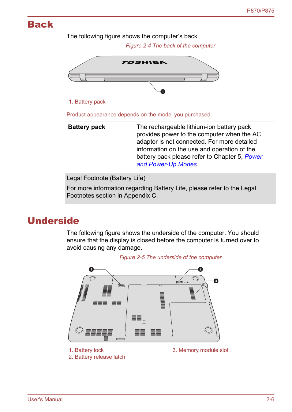 Back, Underside, Back -6 underside -6 | Toshiba Satellite P875 User Manual | Page 33 / 167