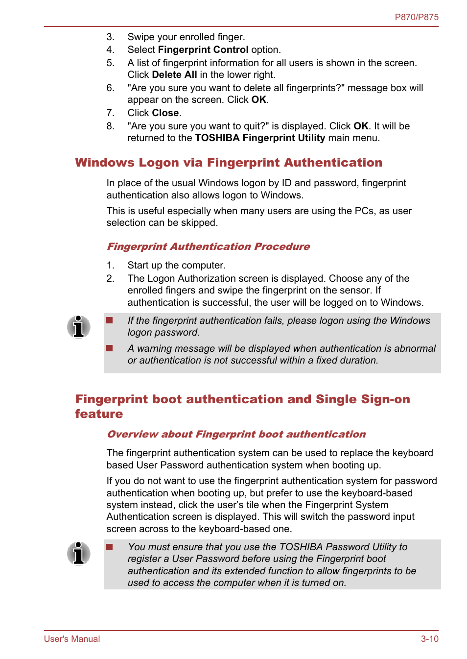 Windows logon via fingerprint authentication | Toshiba Satellite P875 User Manual | Page 56 / 167