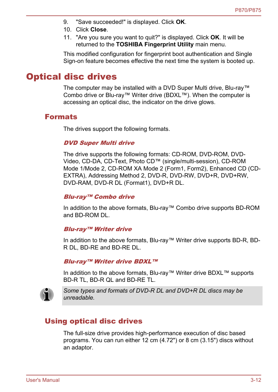 Optical disc drives, Formats, Using optical disc drives | Optical disc drives -12 | Toshiba Satellite P875 User Manual | Page 58 / 167