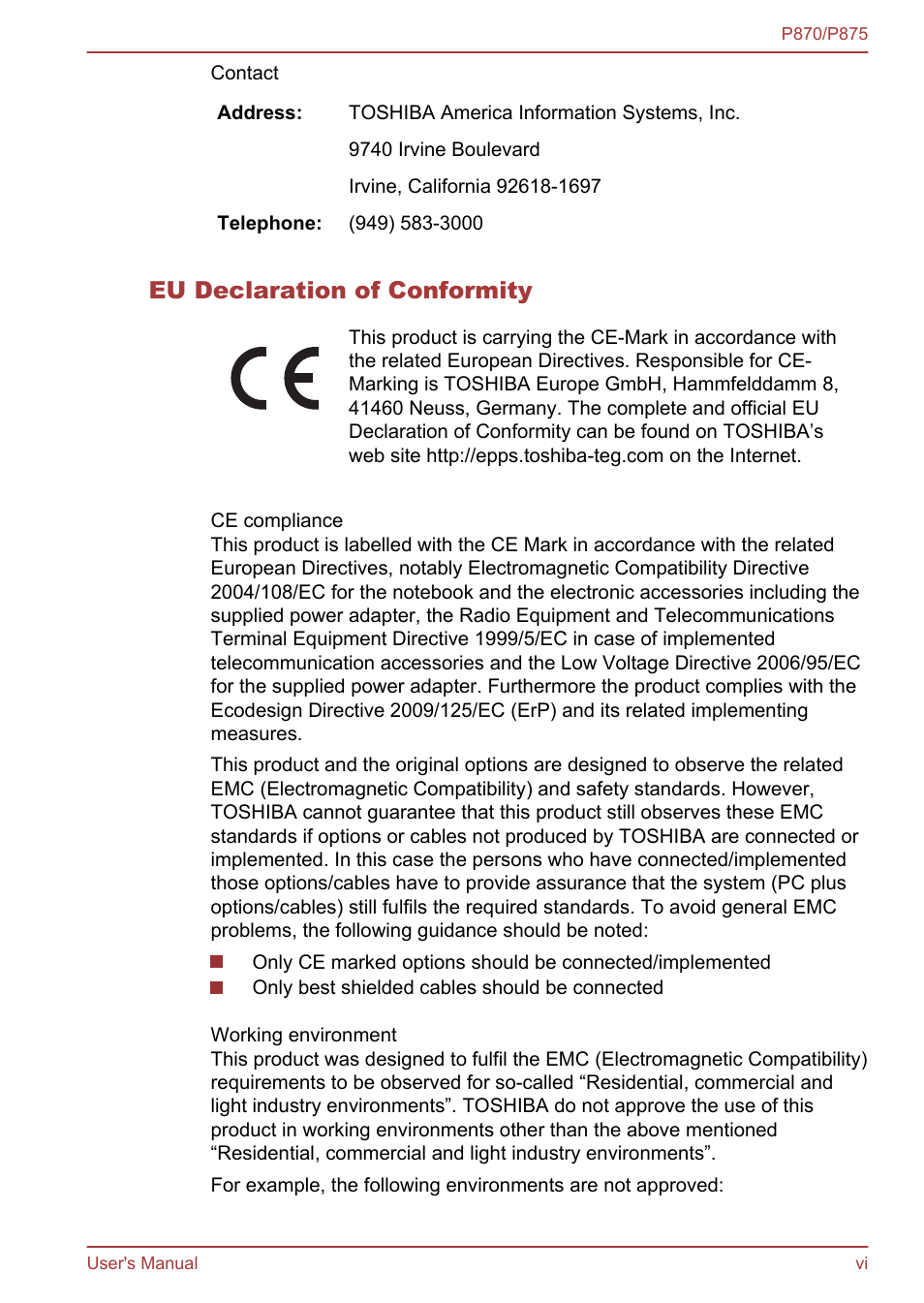 Eu declaration of conformity | Toshiba Satellite P875 User Manual | Page 6 / 167