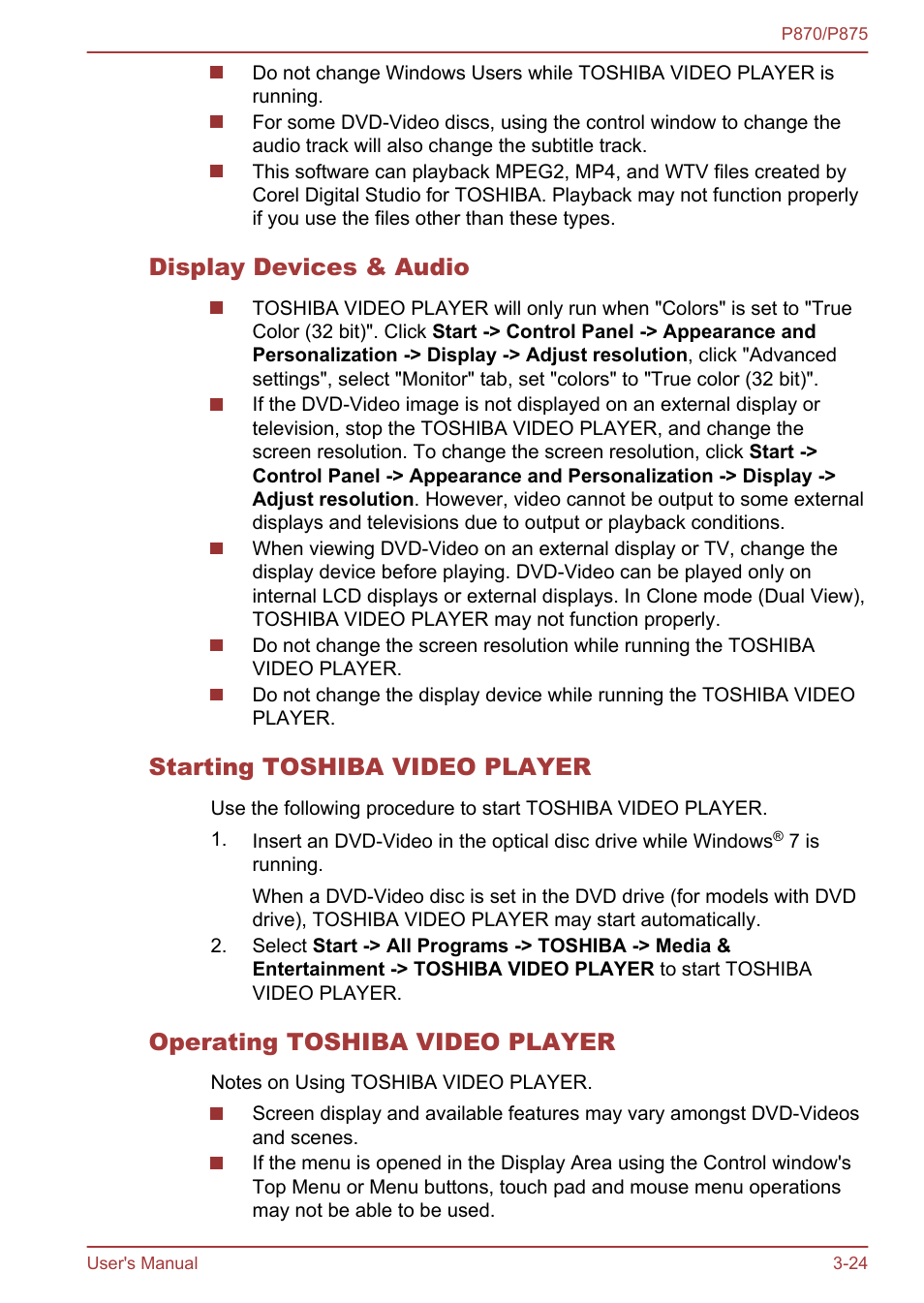 Display devices & audio, Starting toshiba video player, Operating toshiba video player | Toshiba Satellite P875 User Manual | Page 70 / 167