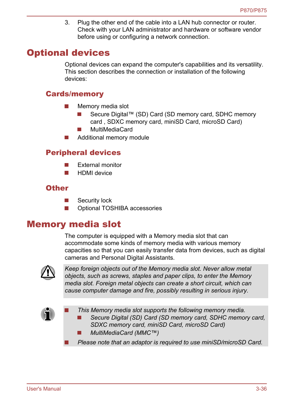 Optional devices, Cards/memory, Peripheral devices | Other, Memory media slot, Optional devices -36 memory media slot -36 | Toshiba Satellite P875 User Manual | Page 82 / 167