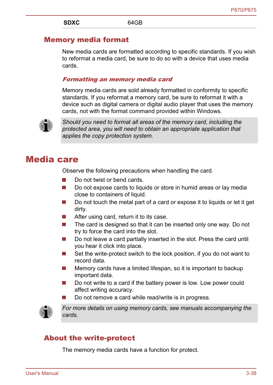 Memory media format, Media care, About the write-protect | Media care -38 | Toshiba Satellite P875 User Manual | Page 84 / 167