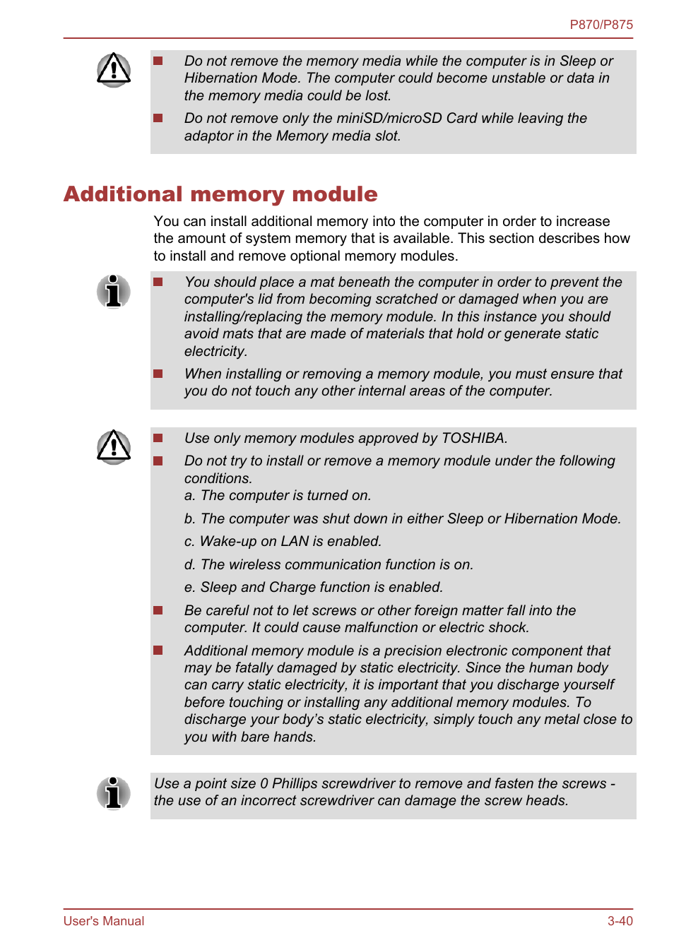 Additional memory module, Additional memory module -40, Section in | Toshiba Satellite P875 User Manual | Page 86 / 167