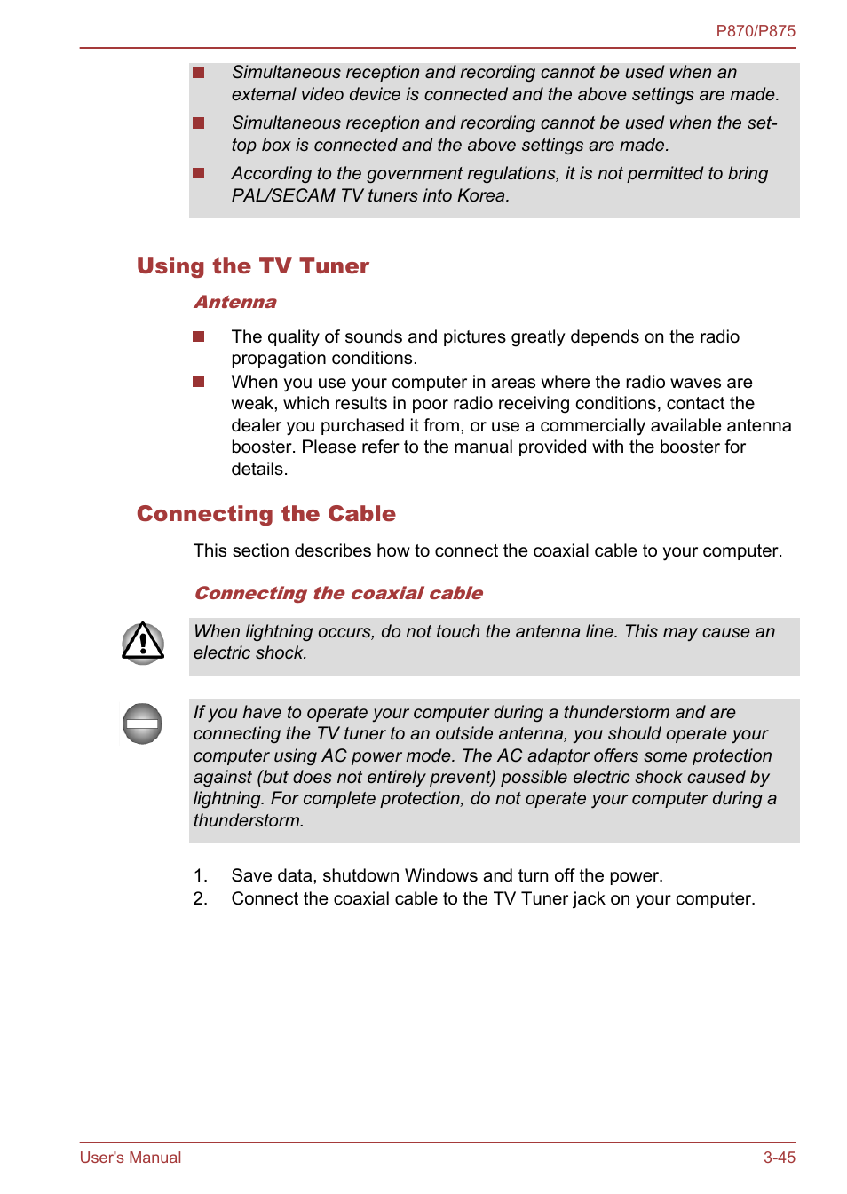 Using the tv tuner, Connecting the cable | Toshiba Satellite P875 User Manual | Page 91 / 167