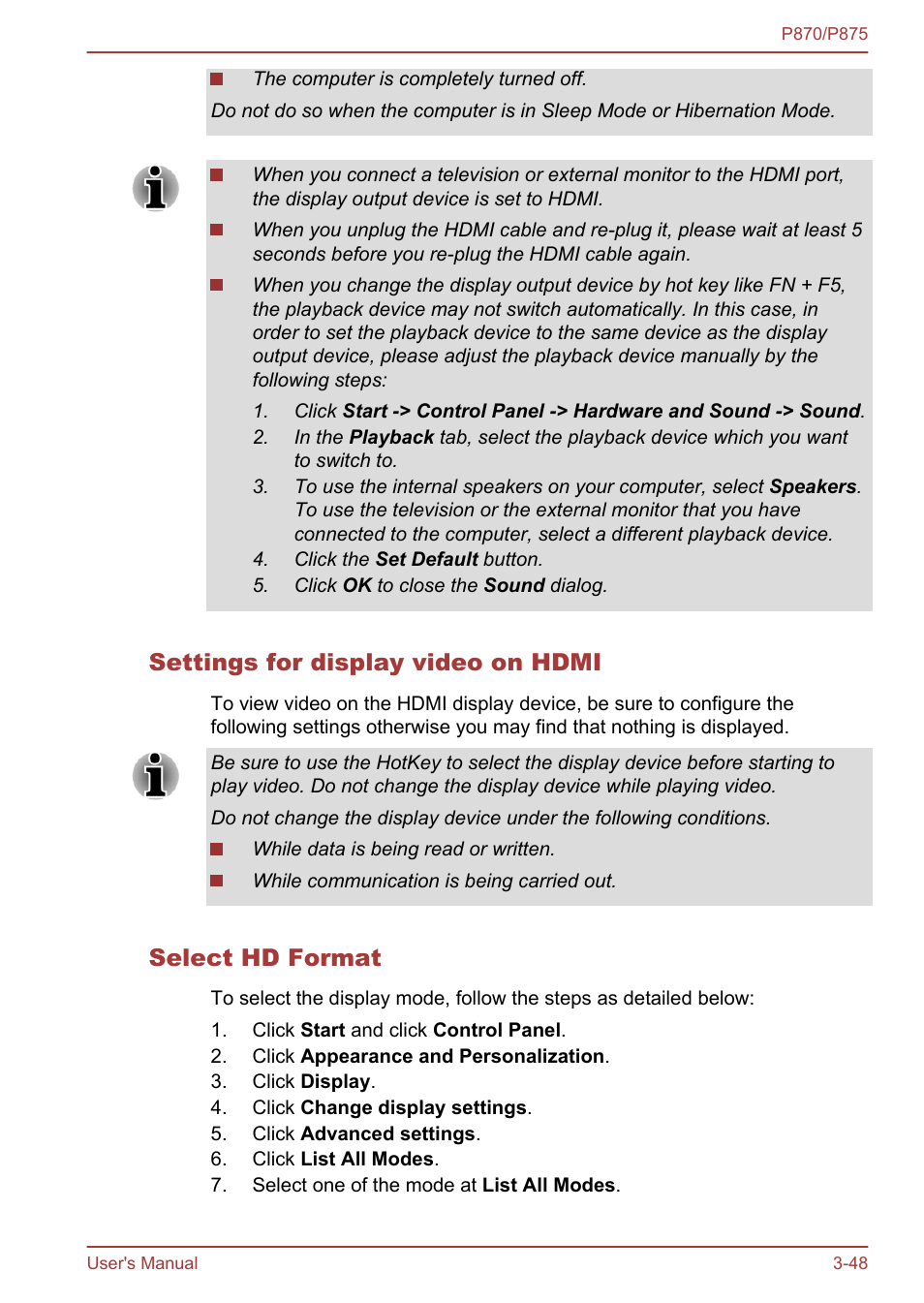 Settings for display video on hdmi, Select hd format | Toshiba Satellite P875 User Manual | Page 94 / 167