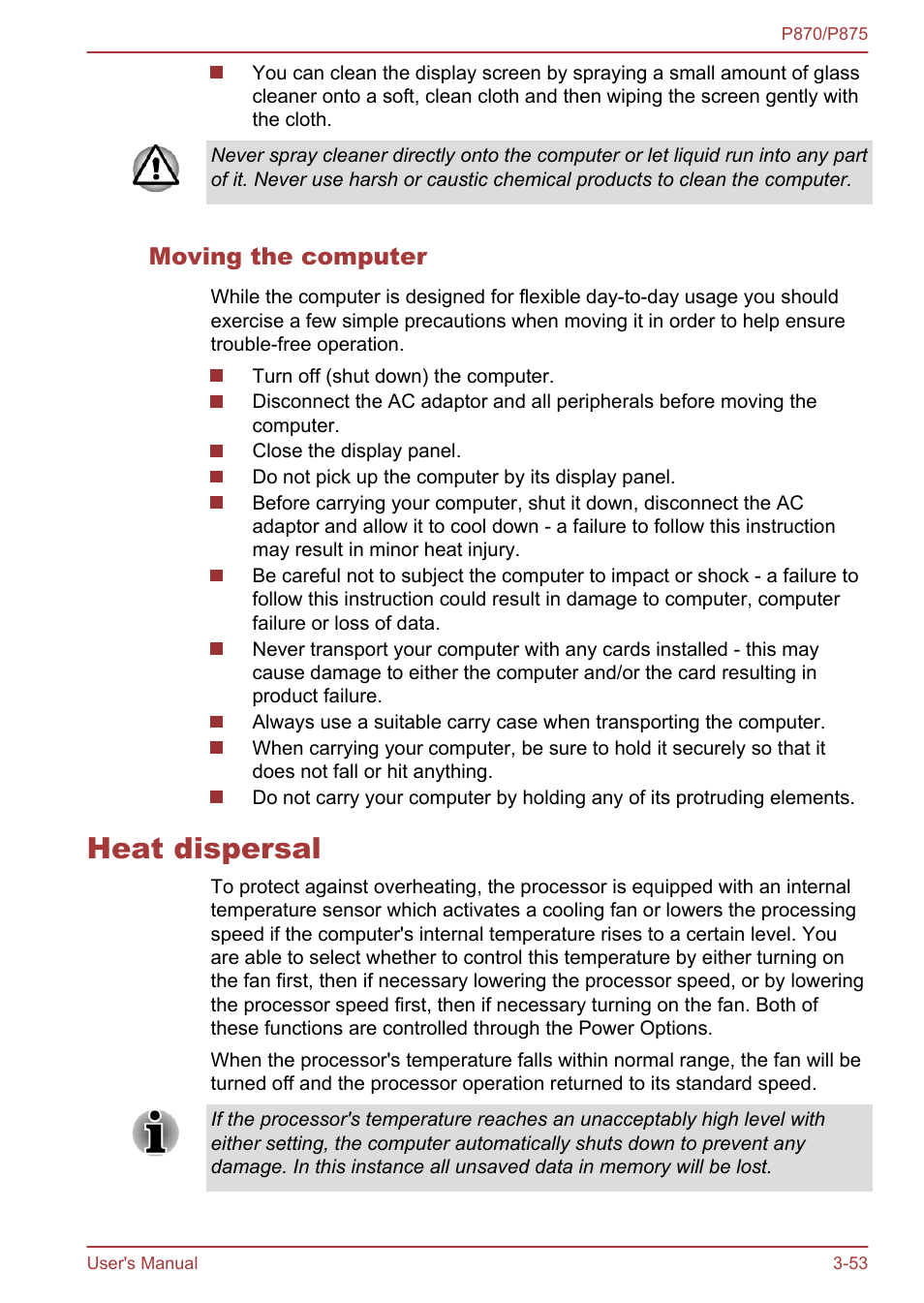 Moving the computer, Heat dispersal, Heat dispersal -53 | Toshiba Satellite P875 User Manual | Page 99 / 167