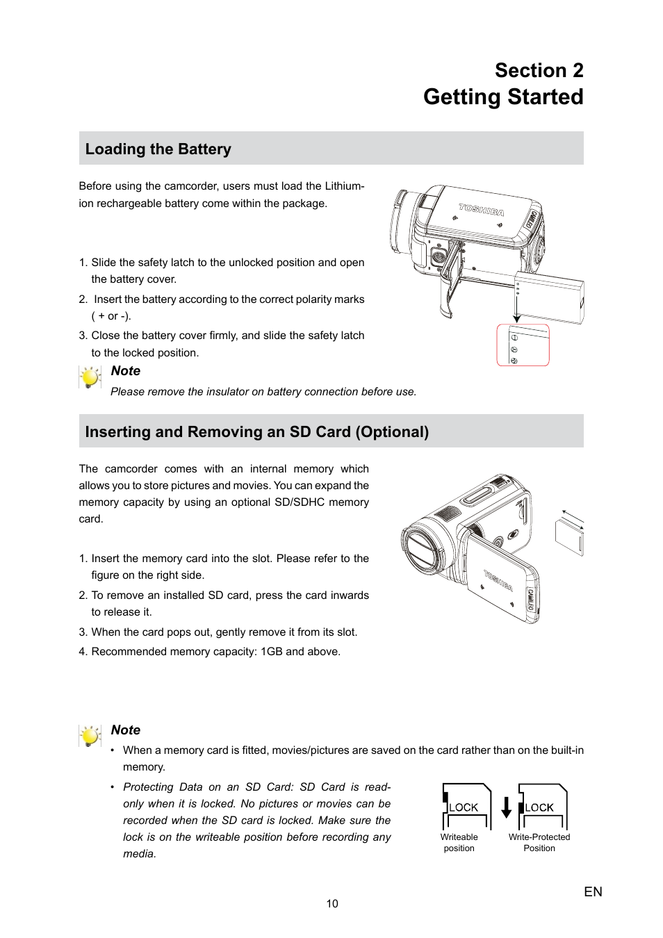 Getting started, Loading the battery, Inserting and removing an sd card (optional) | Toshiba Camileo X100 User Manual | Page 10 / 52