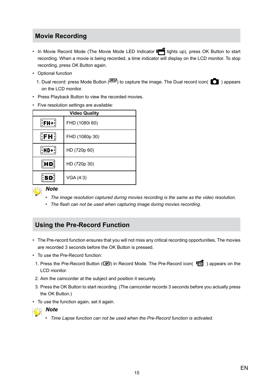 Movie recording, Using the pre-record function | Toshiba Camileo X100 User Manual | Page 15 / 52