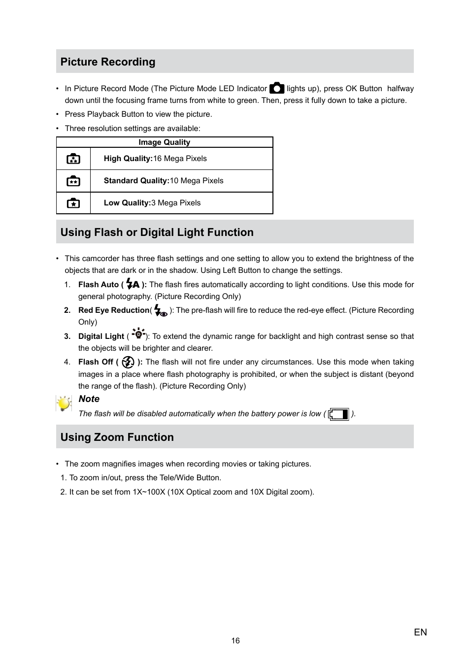 Picture recording, Using flash or digital light function, Using zoom function | Toshiba Camileo X100 User Manual | Page 16 / 52