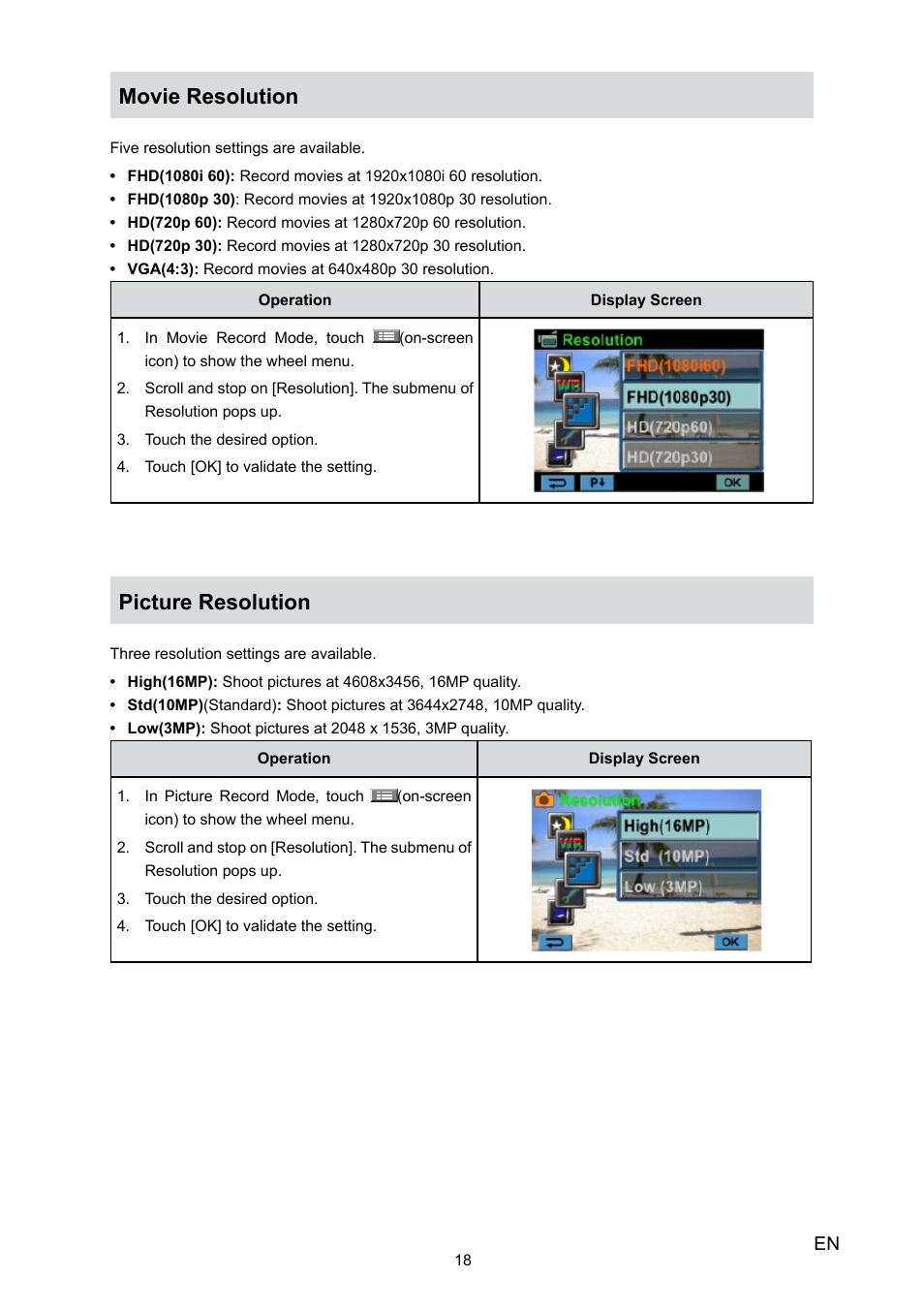 Movie resolution, Picture resolution | Toshiba Camileo X100 User Manual | Page 18 / 52