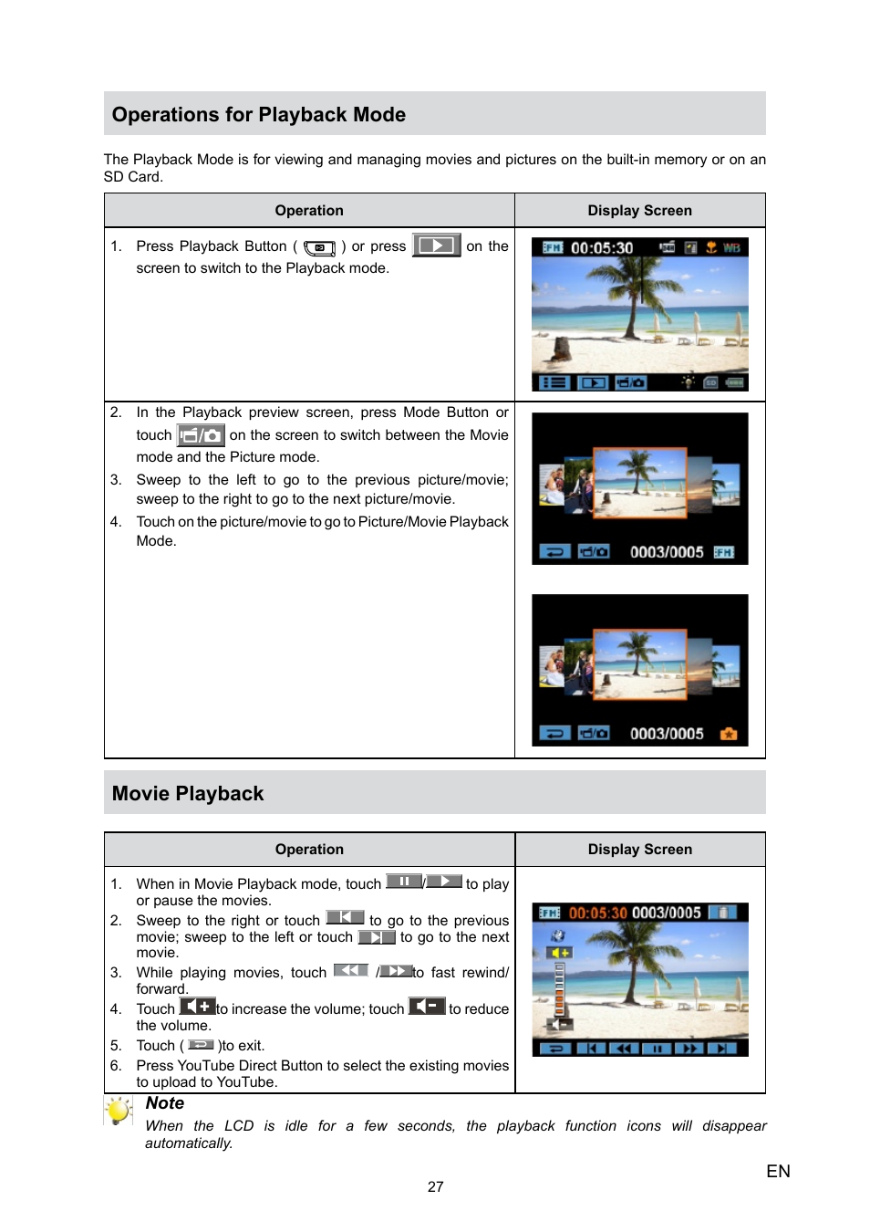 Operations for playback mode, Movie playback | Toshiba Camileo X100 User Manual | Page 27 / 52