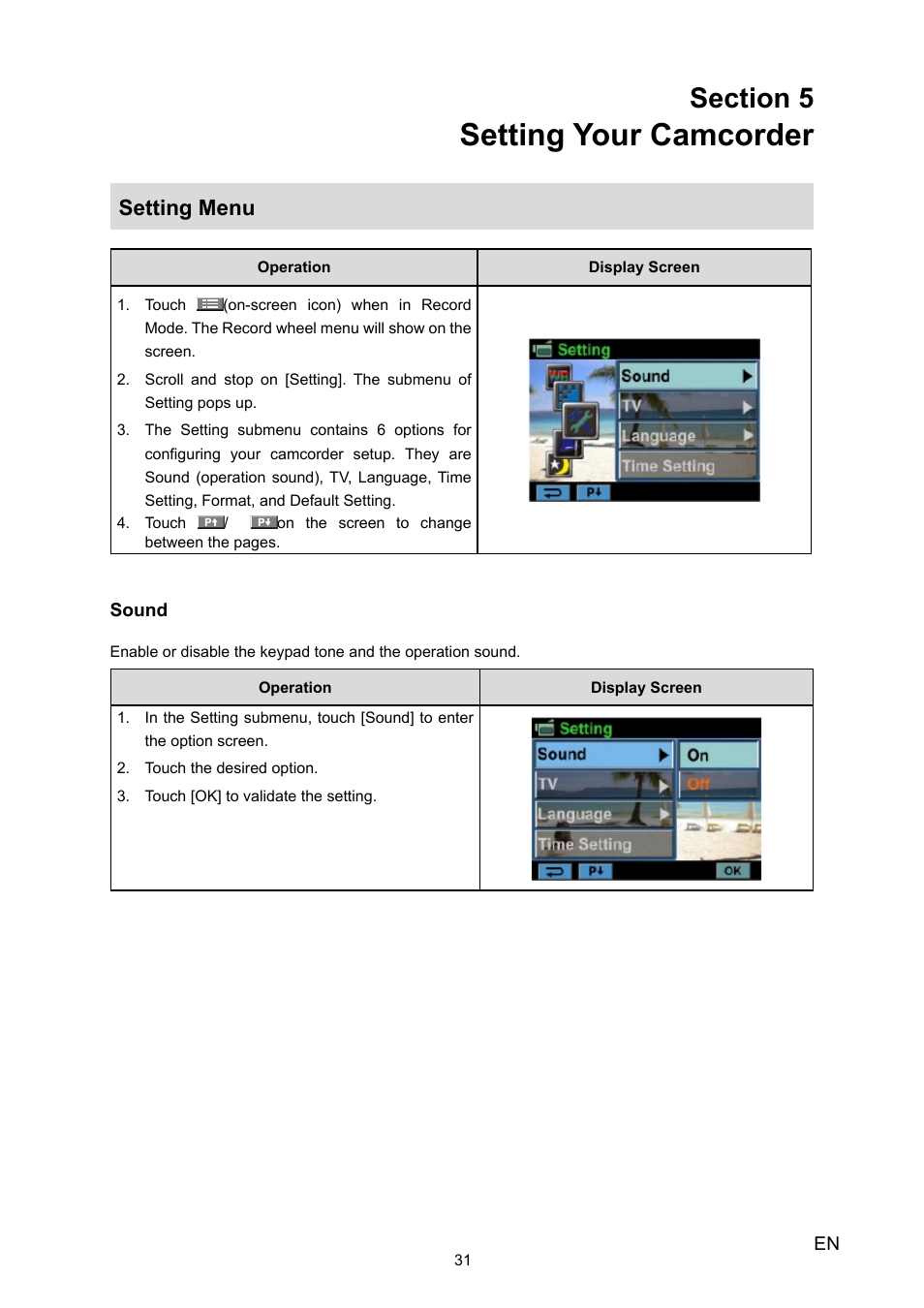 Setting your camcorder, Setting menu | Toshiba Camileo X100 User Manual | Page 31 / 52