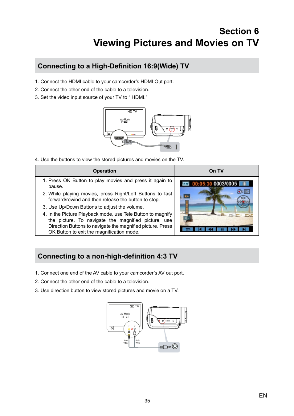 Viewing pictures and movies on tv, Connecting to a high-definition 16:9(wide) tv, Connecting to a non-high-definition 4:3 tv | Toshiba Camileo X100 User Manual | Page 35 / 52