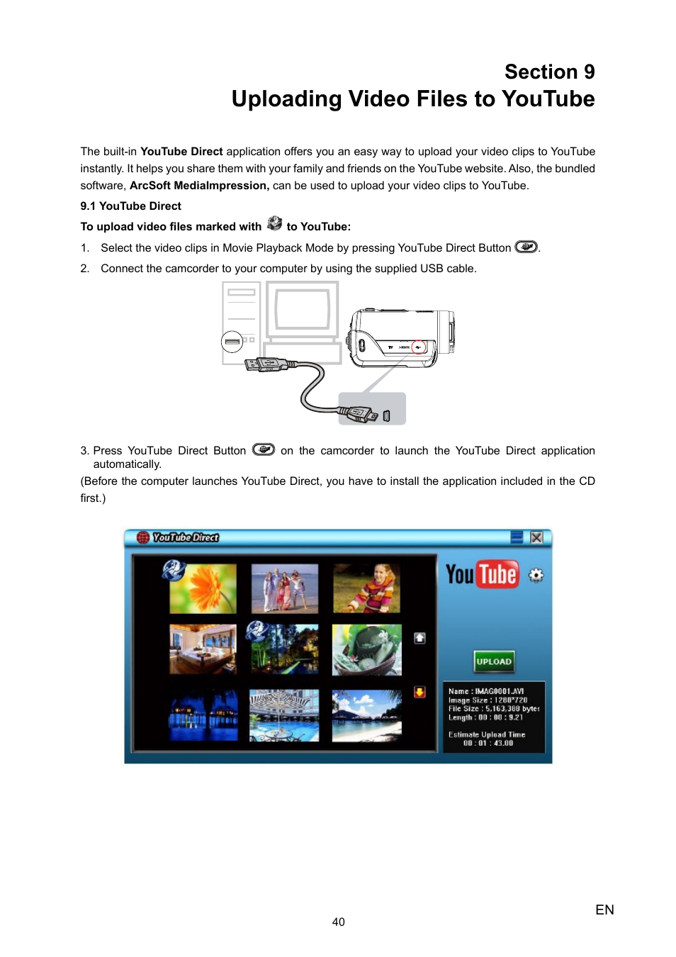 Uploading video files to youtube | Toshiba Camileo X100 User Manual | Page 40 / 52