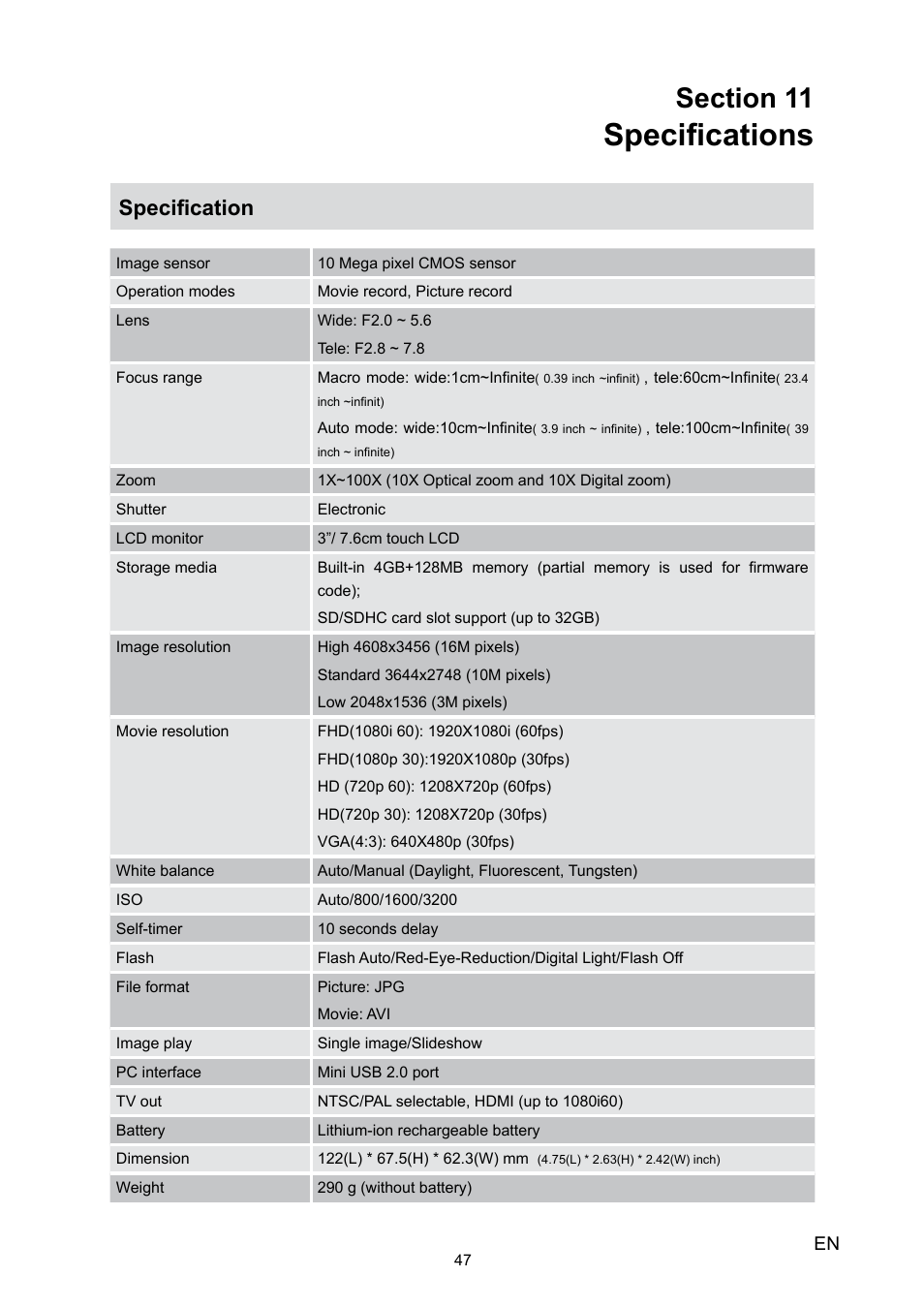 Specifications, Specification | Toshiba Camileo X100 User Manual | Page 47 / 52