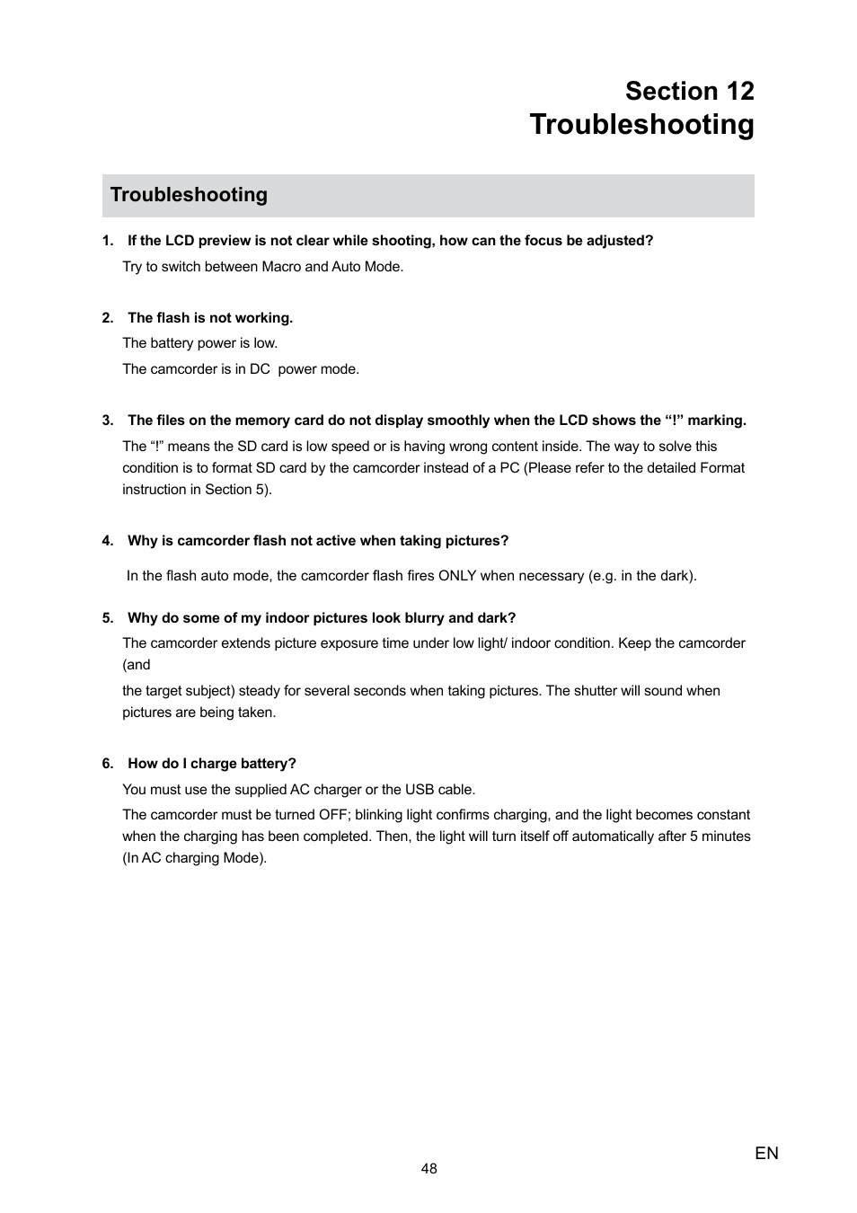 Troubleshooting | Toshiba Camileo X100 User Manual | Page 48 / 52