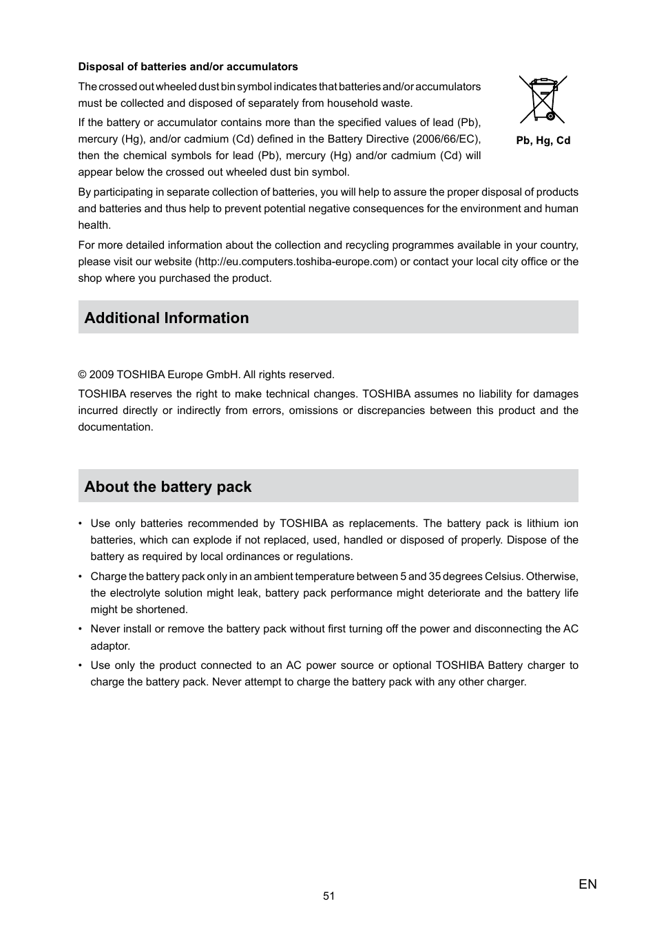 Additional information, About the battery pack | Toshiba Camileo X100 User Manual | Page 51 / 52