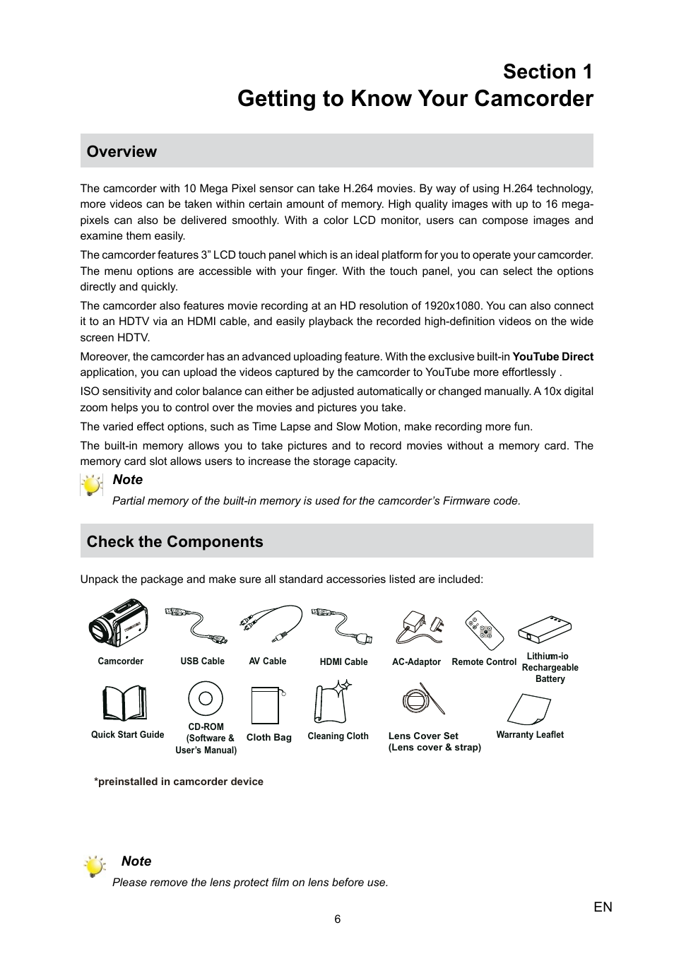 Getting to know your camcorder, Overview, Check the components | Toshiba Camileo X100 User Manual | Page 6 / 52