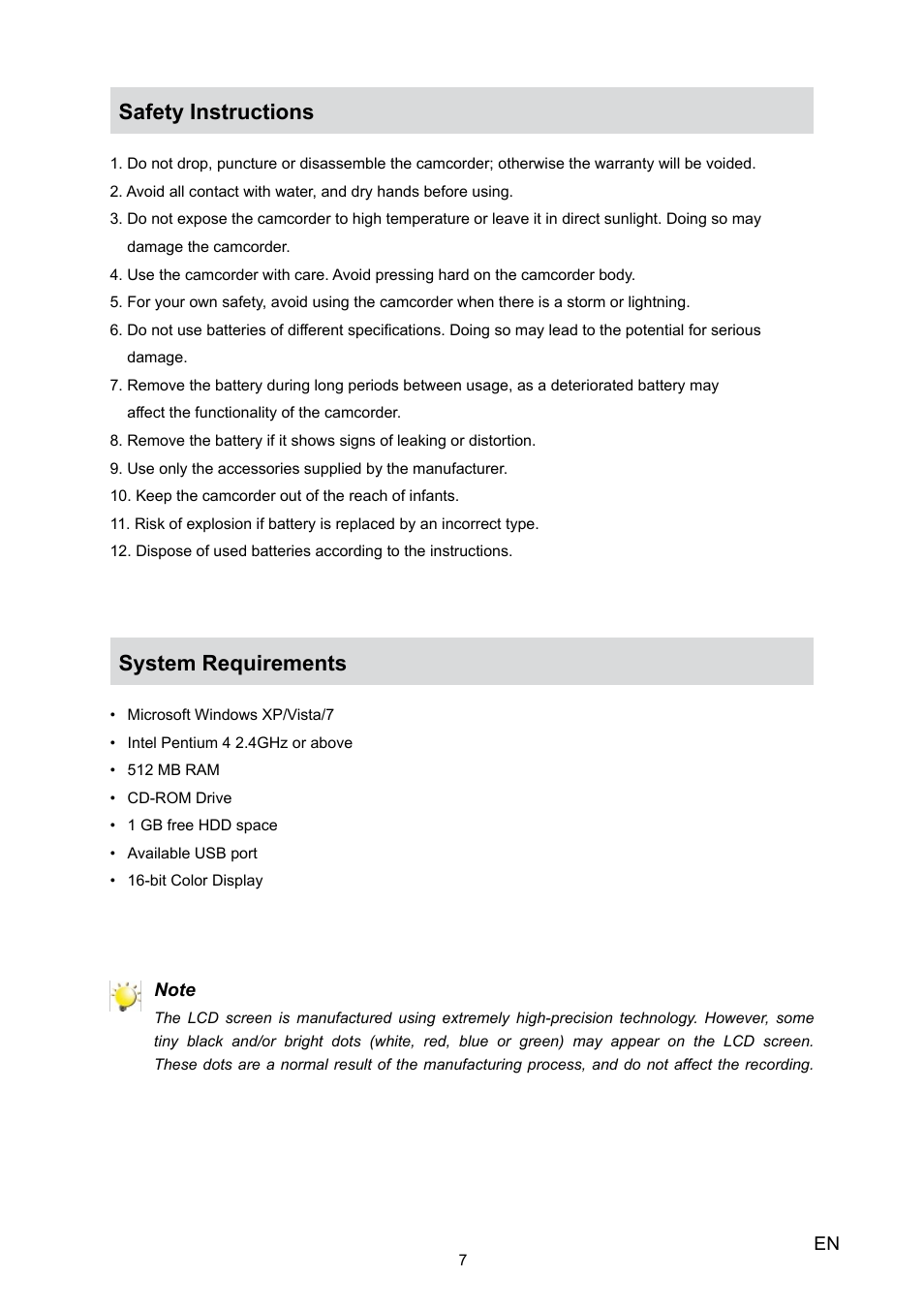 Safety instructions, System requirements | Toshiba Camileo X100 User Manual | Page 7 / 52