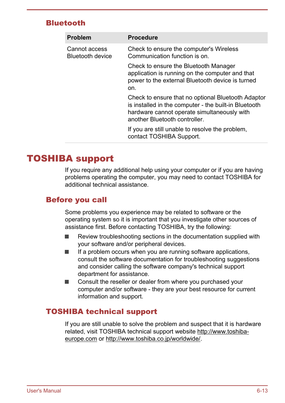 Bluetooth, Toshiba support, Before you call | Toshiba technical support, Toshiba support -13 | Toshiba WT310-K User Manual | Page 111 / 131