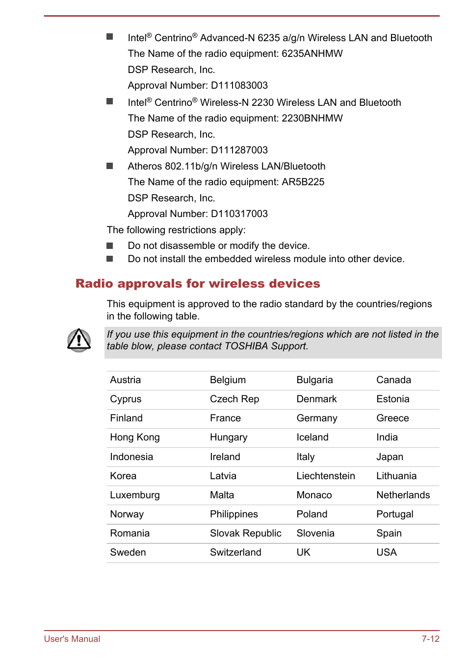Radio approvals for wireless devices | Toshiba WT310-K User Manual | Page 123 / 131