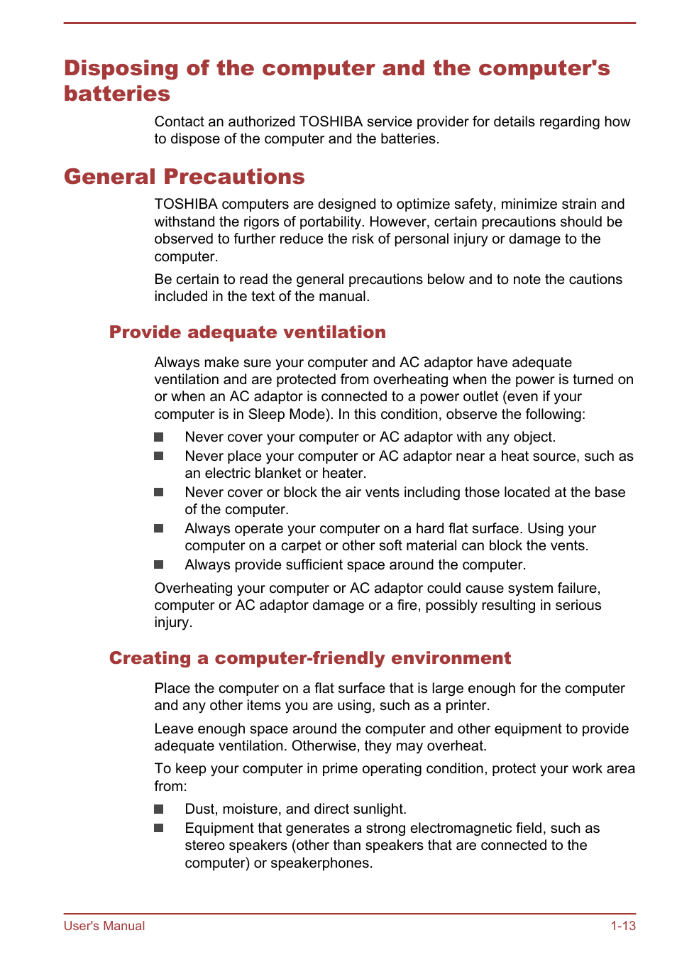 General precautions, Provide adequate ventilation, Creating a computer-friendly environment | Toshiba WT310-K User Manual | Page 16 / 131