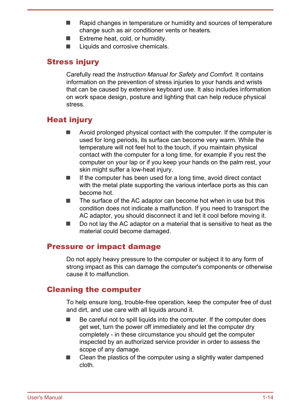 Stress injury, Heat injury, Pressure or impact damage | Cleaning the computer | Toshiba WT310-K User Manual | Page 17 / 131