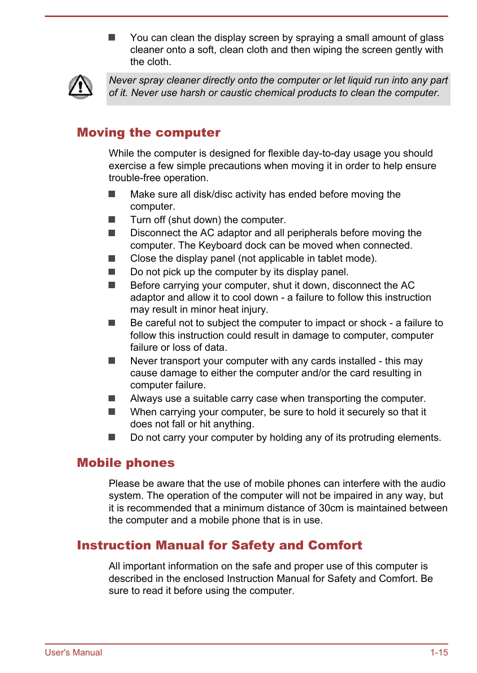 Moving the computer, Mobile phones, Instruction manual for safety and comfort | Toshiba WT310-K User Manual | Page 18 / 131