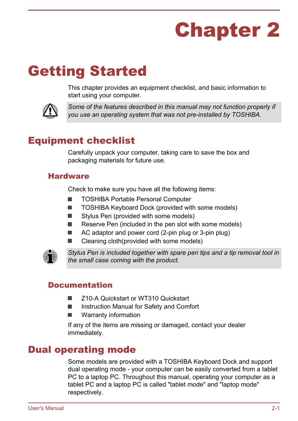 Chapter 2 getting started, Equipment checklist, Hardware | Documentation, Dual operating mode, Chapter 2, Getting started, Equipment checklist -1 dual operating mode -1 | Toshiba WT310-K User Manual | Page 20 / 131