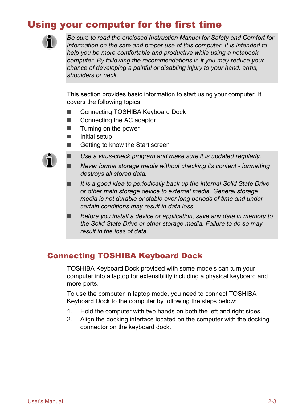 Using your computer for the first time, Connecting toshiba keyboard dock, Using your computer for the first time -3 | Toshiba WT310-K User Manual | Page 22 / 131