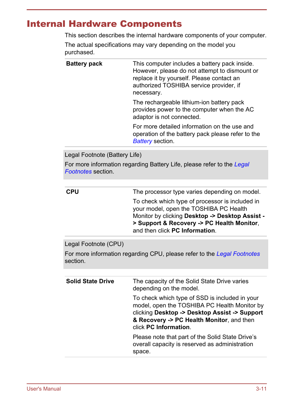 Internal hardware components, Internal hardware components -11 | Toshiba WT310-K User Manual | Page 43 / 131