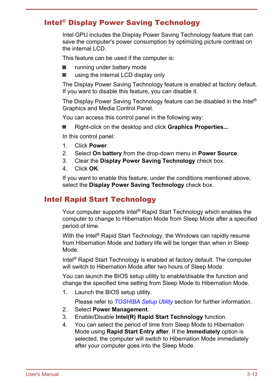 Intel® display power saving technology, Intel rapid start technology, Intel | Display power saving technology | Toshiba WT310-K User Manual | Page 45 / 131