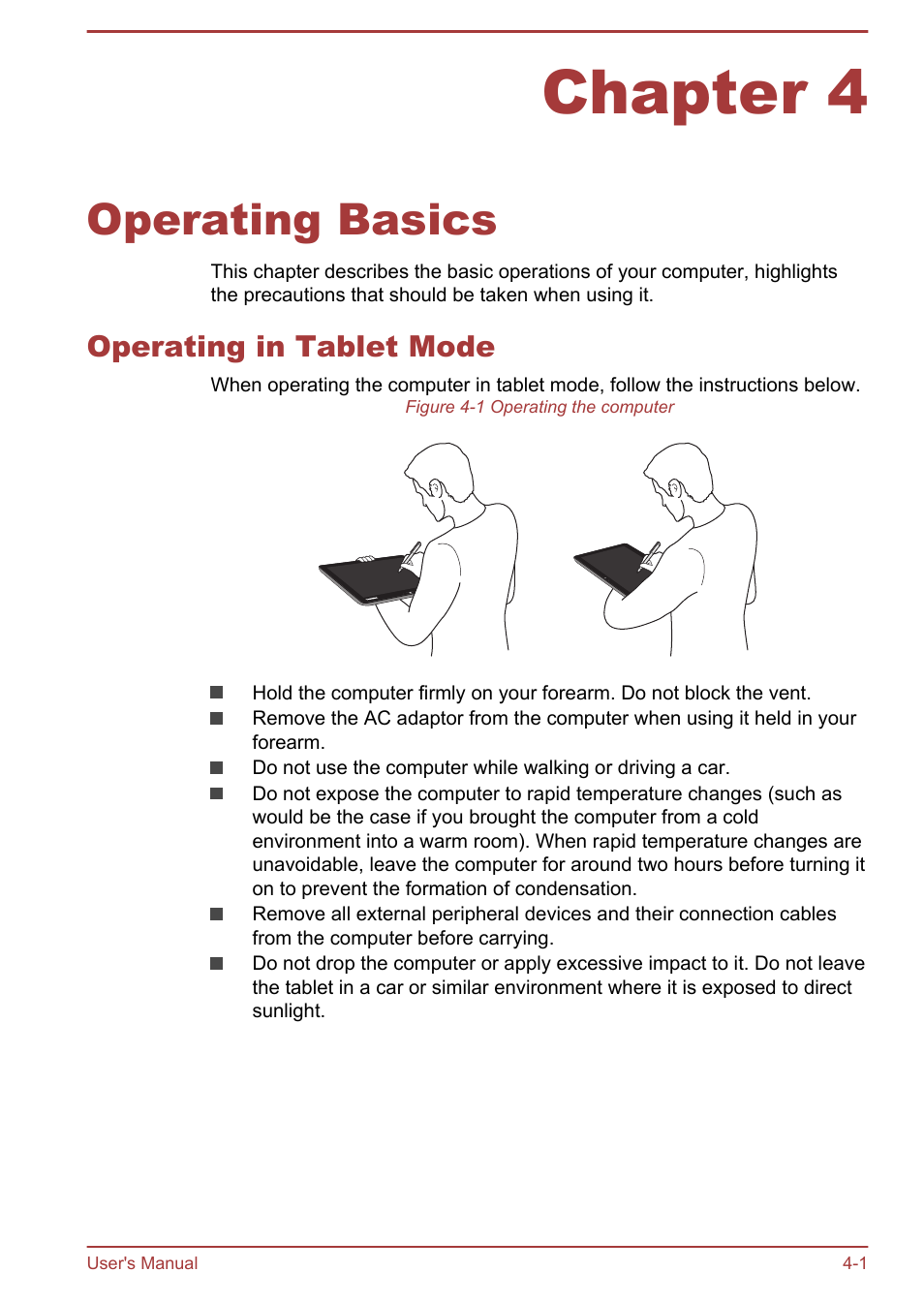 Chapter 4 operating basics, Operating in tablet mode, Chapter 4 | Operating basics, Operating in tablet mode -1, Second, 1000base-t). refer to, Operating, Basics, For details | Toshiba WT310-K User Manual | Page 49 / 131