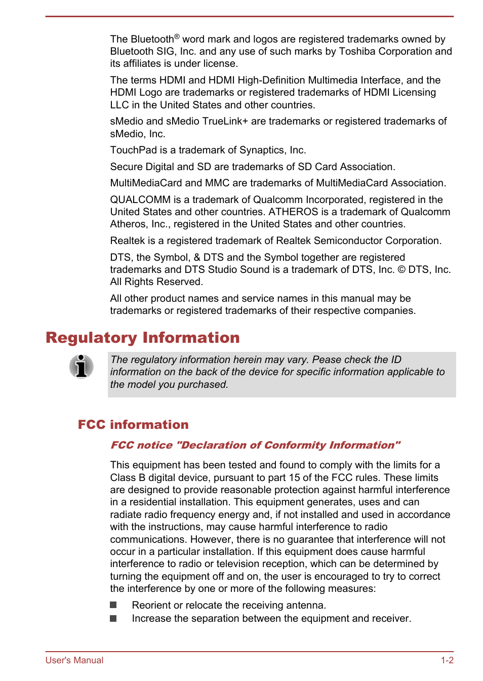 Regulatory information, Fcc information, Regulatory information -2 | Toshiba WT310-K User Manual | Page 5 / 131