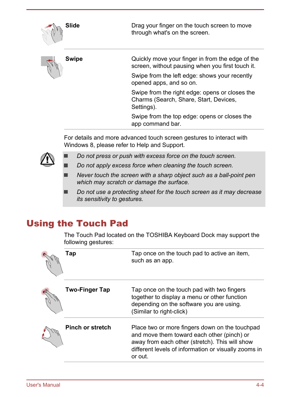 Using the touch pad, Using the touch pad -4 | Toshiba WT310-K User Manual | Page 52 / 131