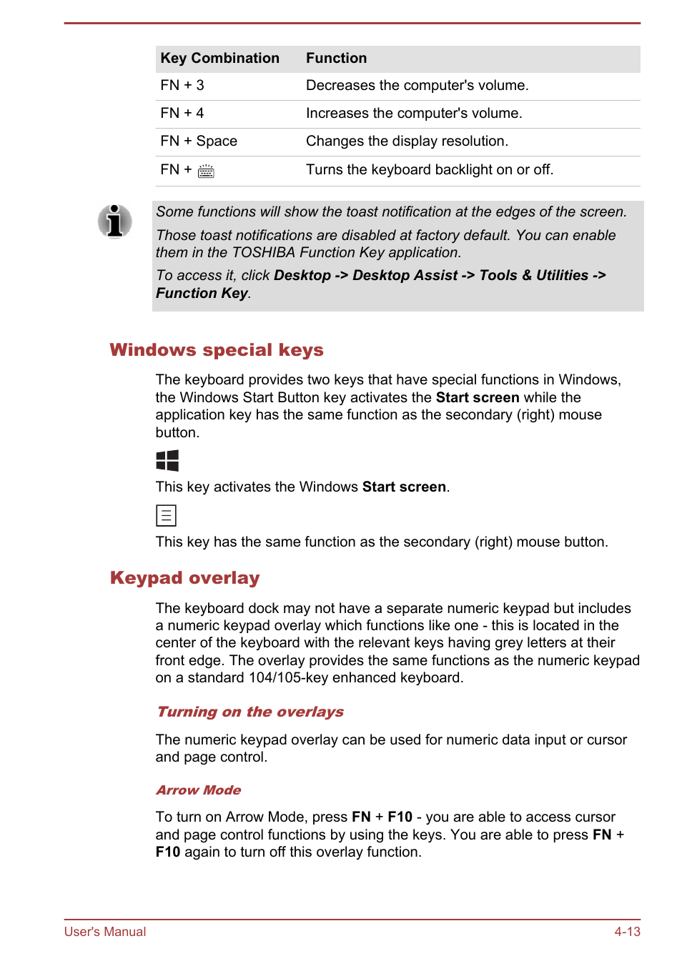 Windows special keys, Keypad overlay | Toshiba WT310-K User Manual | Page 61 / 131