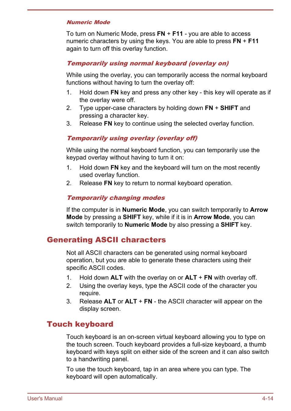 Generating ascii characters, Touch keyboard | Toshiba WT310-K User Manual | Page 62 / 131