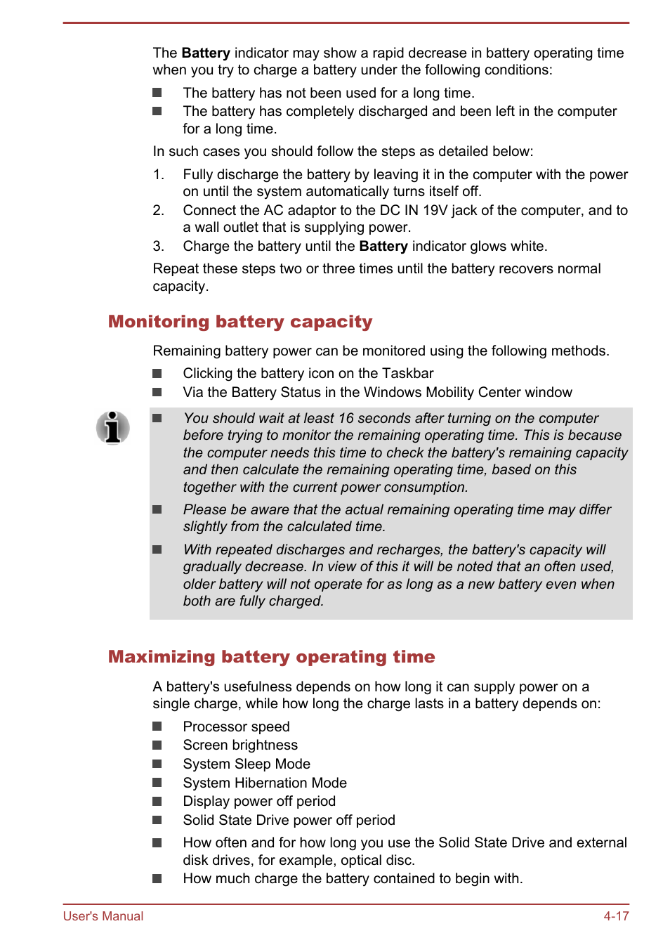 Monitoring battery capacity, Maximizing battery operating time | Toshiba WT310-K User Manual | Page 65 / 131