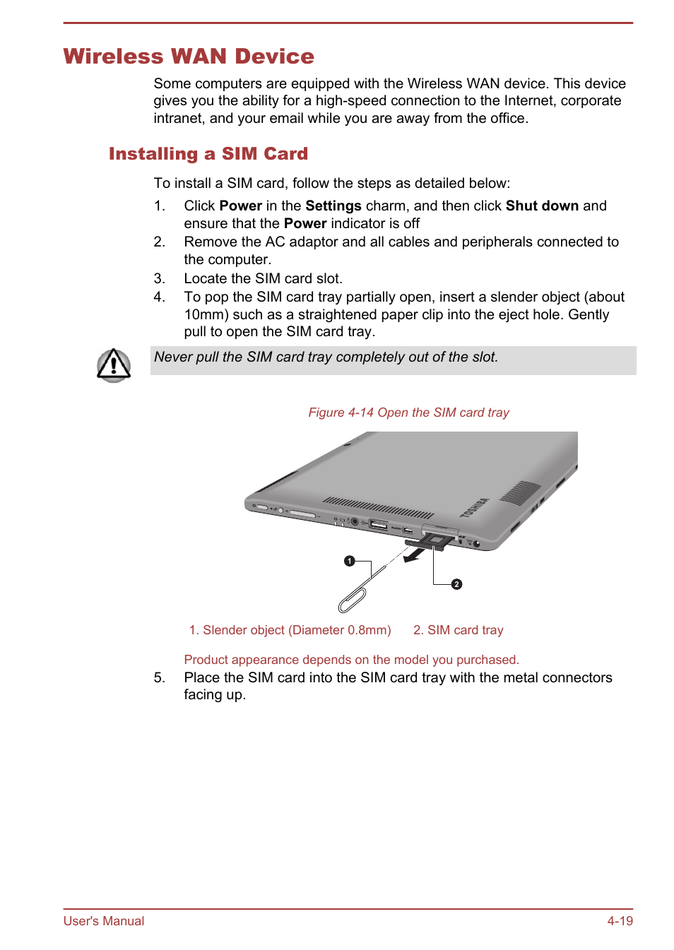 Wireless wan device, Installing a sim card, Wireless wan device -19 | Toshiba WT310-K User Manual | Page 67 / 131