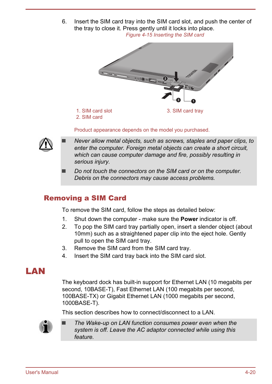 Removing a sim card, Lan -20 | Toshiba WT310-K User Manual | Page 68 / 131
