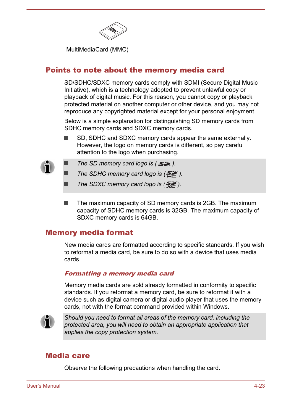 Points to note about the memory media card, Memory media format, Media care | Toshiba WT310-K User Manual | Page 71 / 131