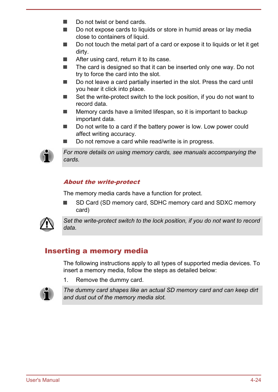 Inserting a memory media | Toshiba WT310-K User Manual | Page 72 / 131